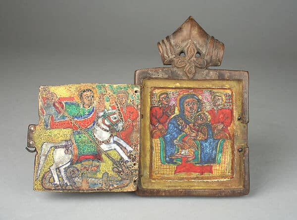 Pendant Icon: St. George, Virgin and Child Enthroned, 18th century — Wood, pigment, metal hinge, The Metropolitan Museum of Art
