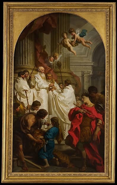 Basil, vested and haloed at the altar mid-liturgy, as Emperor Valens sinks back overcome among his retinue at the right