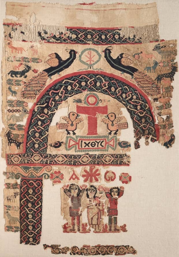 Hanging with Christian Images, 500s CE — Dyed wool and undyed linen, tapestry weave; Egypt, Byzantine period, Cleveland Museum of Art