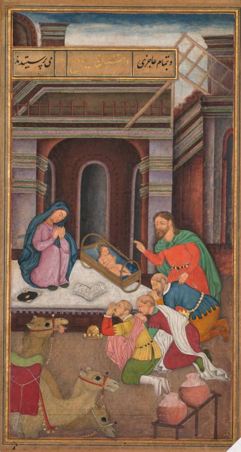 The Adoration of the Magi, from a Mirror of Holiness (Mir’at al-quds) of Father Jerome Xavier — Mughal Indian, 1602–4